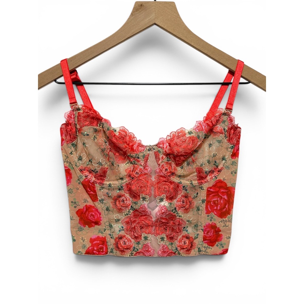 Victoria's Secret Corset Top Womens 32DD Red Rose Floral Embroidered Lingerie